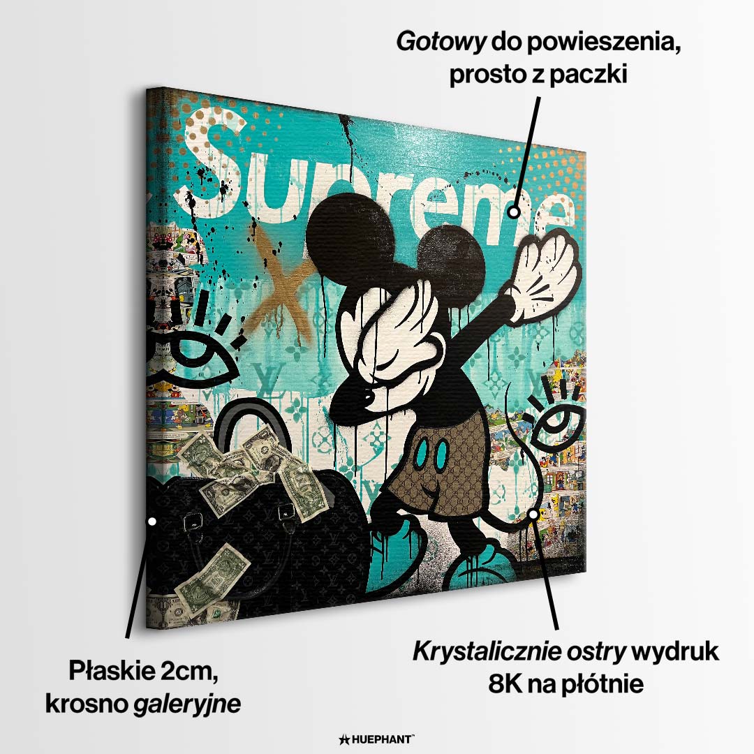 Obraz na płótnie pop art przedstawiający postać myszki robiącą dab obok luksusowej torby z pieniędzmi, wydruk galeryjny, sztuka nowoczesna.
