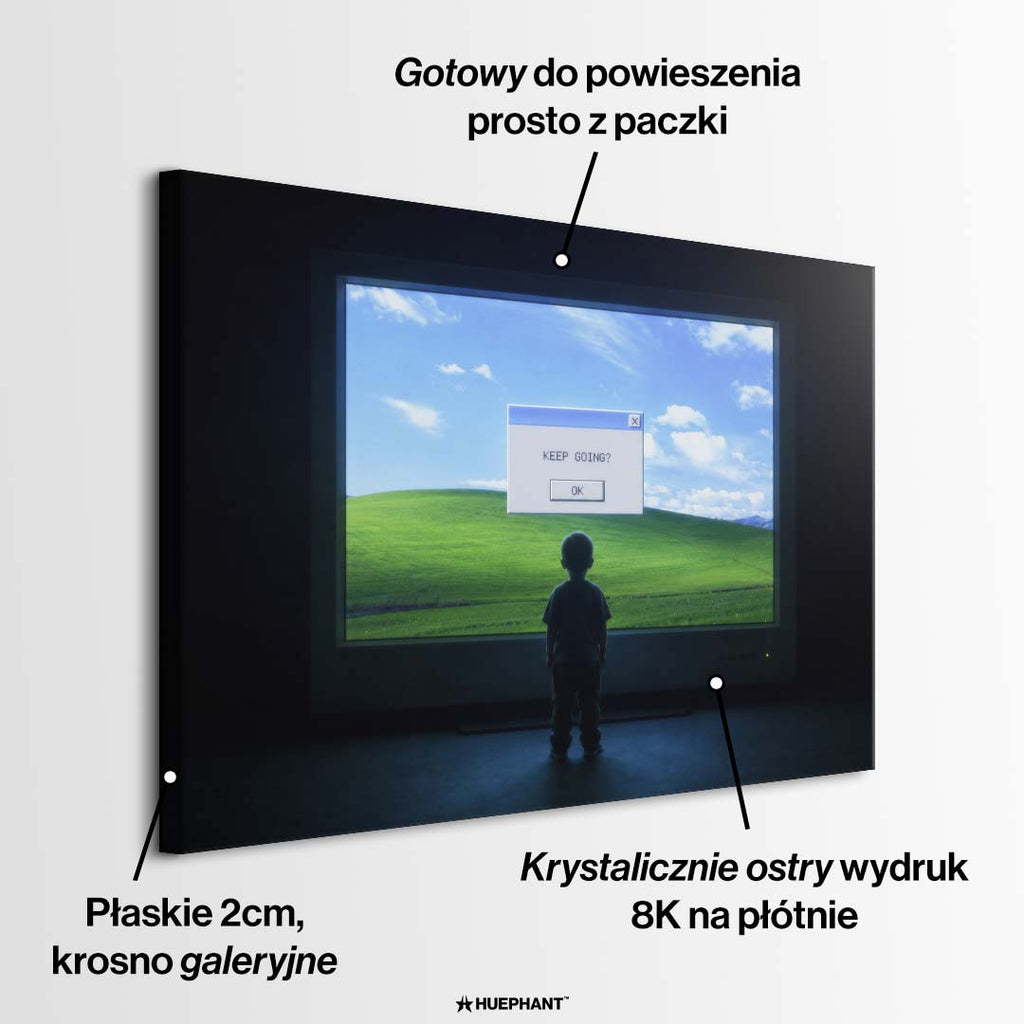 Obraz na płótnie przedstawiający postać dziecka przed ekranem starego monitora z systemem operacyjnym i komunikatem Keep Going.