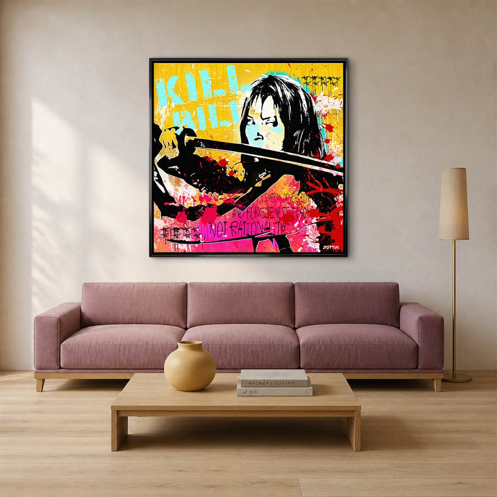 Obraz na płótnie Kill Bill Pop-Art. Nowoczesny wydruk galeryjny w stylu street art z postacią z kataną. Jaskrawe kolory i motywujący cytat.