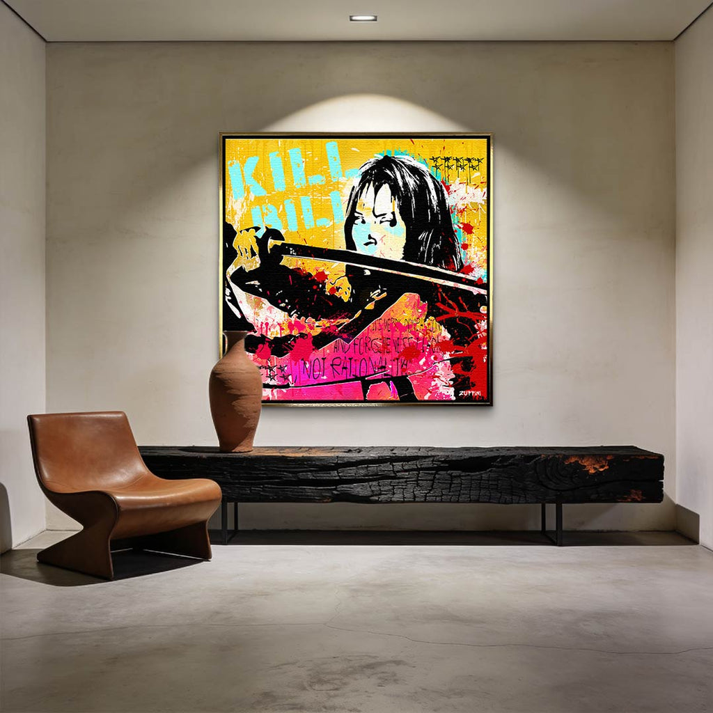 Obraz na płótnie Kill Bill Pop-Art. Nowoczesny wydruk galeryjny w stylu street art z postacią z kataną. Jaskrawe kolory i motywujący cytat.