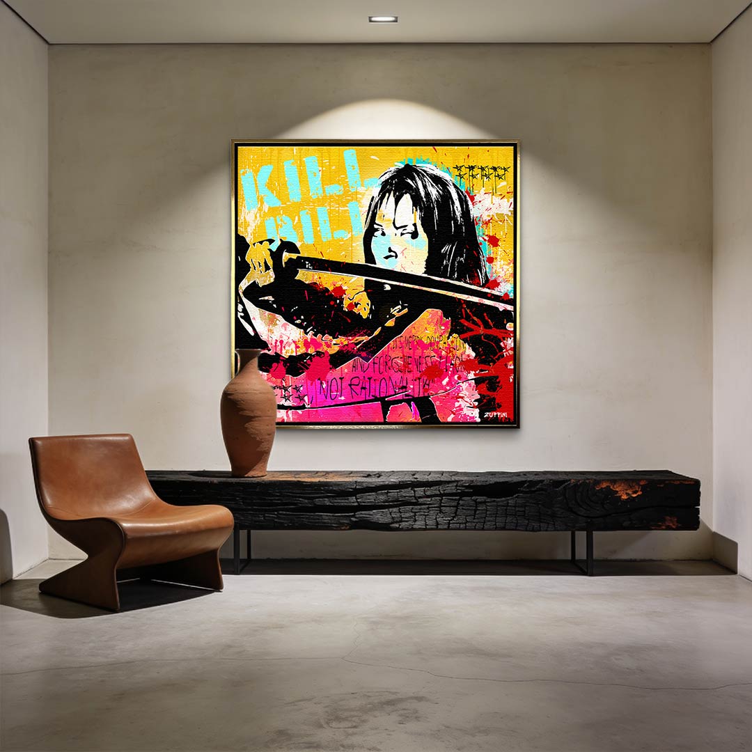 Obraz na płótnie Kill Bill Pop-Art. Nowoczesny wydruk galeryjny w stylu street art z postacią z kataną. Jaskrawe kolory i motywujący cytat.