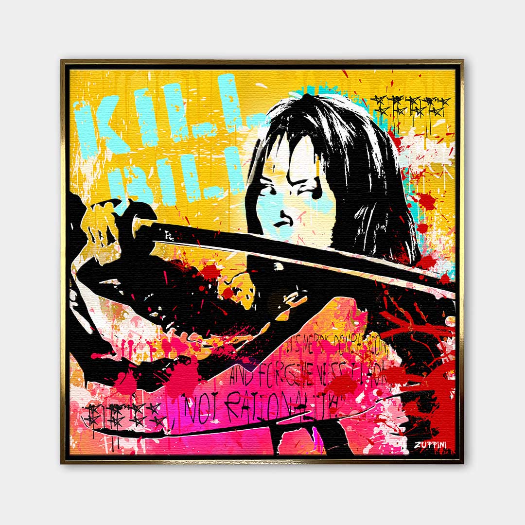 Obraz na płótnie Kill Bill Pop-Art. Nowoczesny wydruk galeryjny w stylu street art z postacią z kataną. Jaskrawe kolory i motywujący cytat.