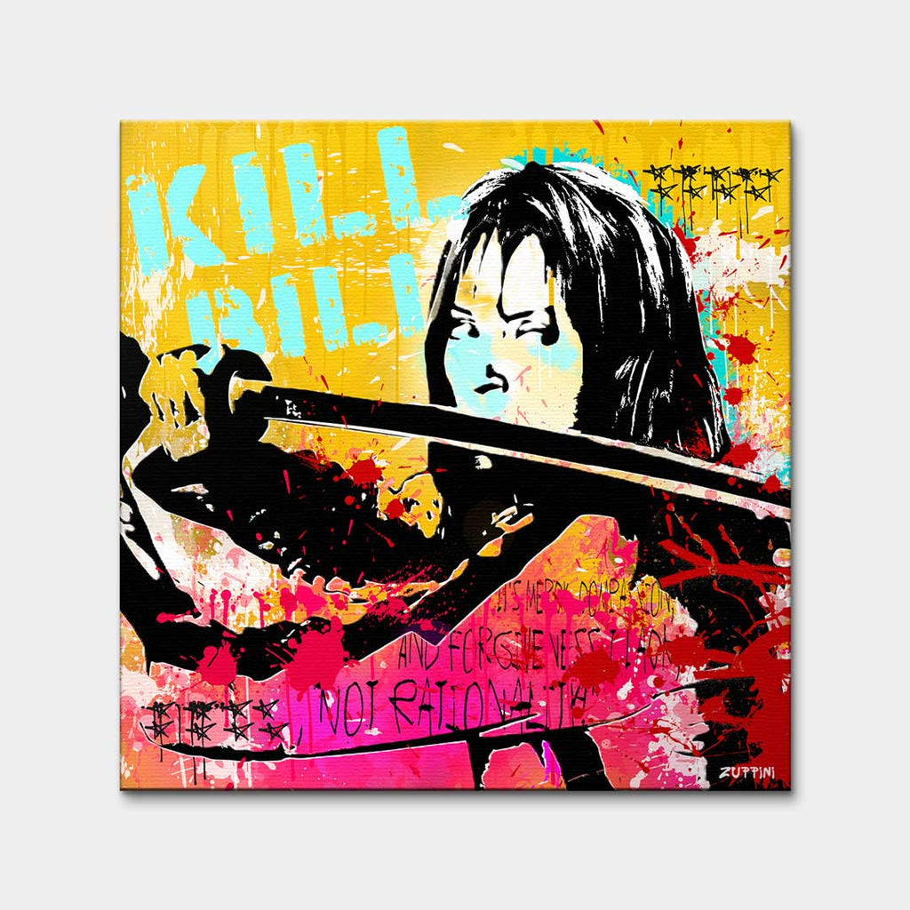 Obraz na płótnie Kill Bill Pop-Art. Nowoczesny wydruk galeryjny w stylu street art z postacią z kataną. Jaskrawe kolory i motywujący cytat.