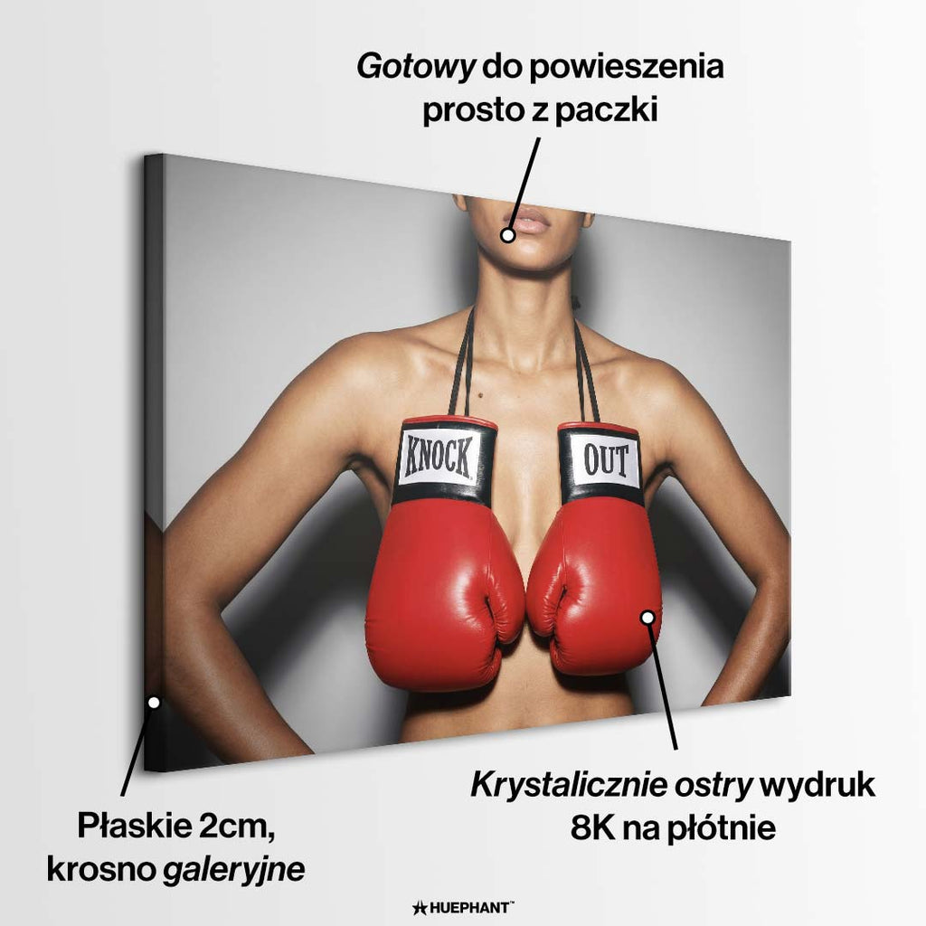 Ekskluzywny obraz na płótnie przedstawiający kobiecy tors z zawieszonymi na szyi czerwonymi rękawicami bokserskimi z napisem Knock Out.