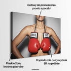 Ekskluzywny obraz na płótnie przedstawiający kobiecy tors z zawieszonymi na szyi czerwonymi rękawicami bokserskimi z napisem Knock Out.