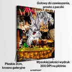 Obraz Królik Bugs „Bugs Dive” na płótnie z Królikiem Bugsem w stroju Gucci, zanurzającym się w złote monety, z Lamborghini i symbolami luksusu w tle.