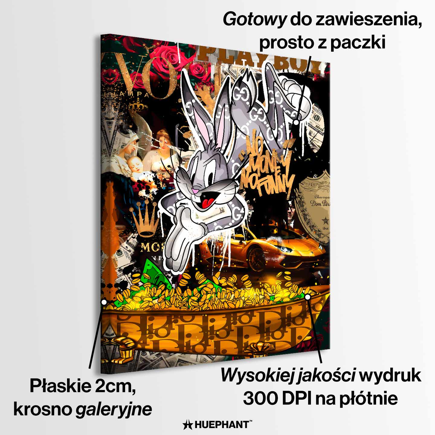Obraz Królik Bugs „Bugs Dive” na płótnie z Królikiem Bugsem w stroju Gucci, zanurzającym się w złote monety, z Lamborghini i symbolami luksusu w tle.