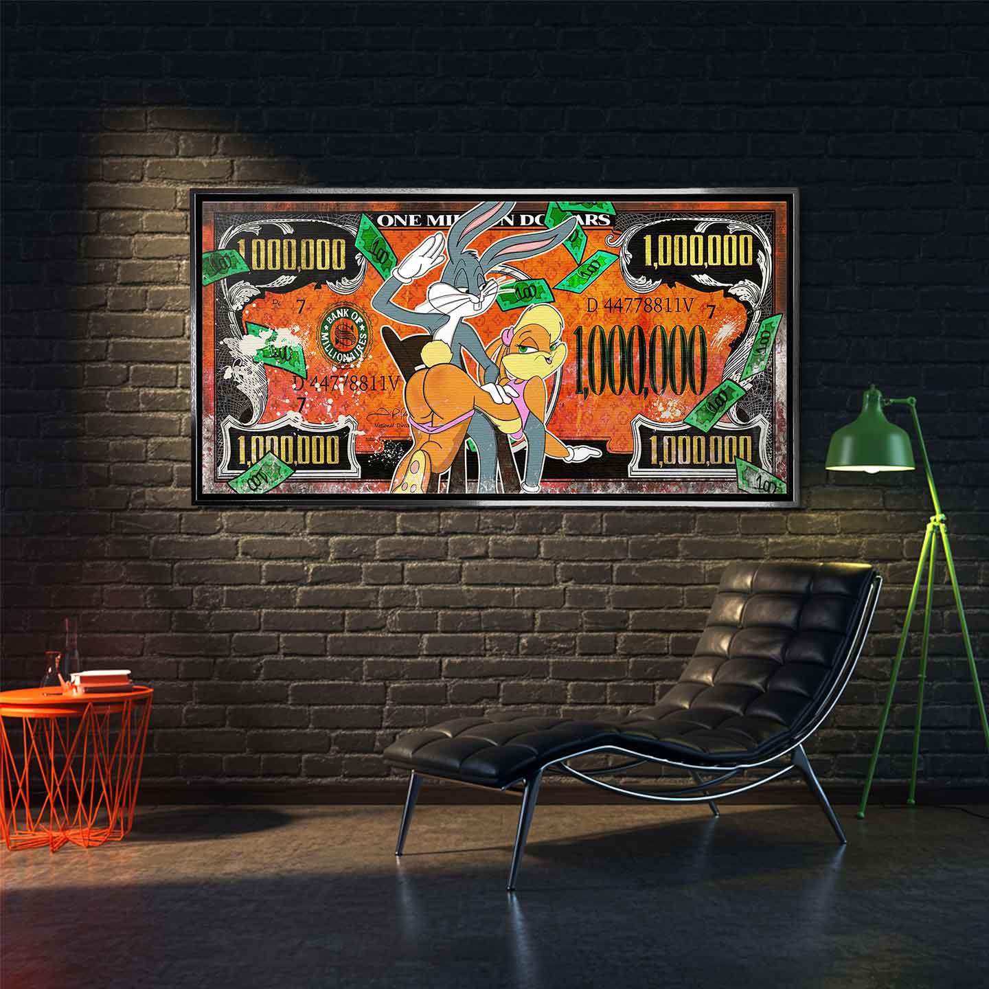 Sztuka nowoczesna: obraz na płótnie Królik Bugs i Lola na tle banknotu milion dolarów. Wysokiej jakości wydruk galeryjny w stylu urban pop-art.