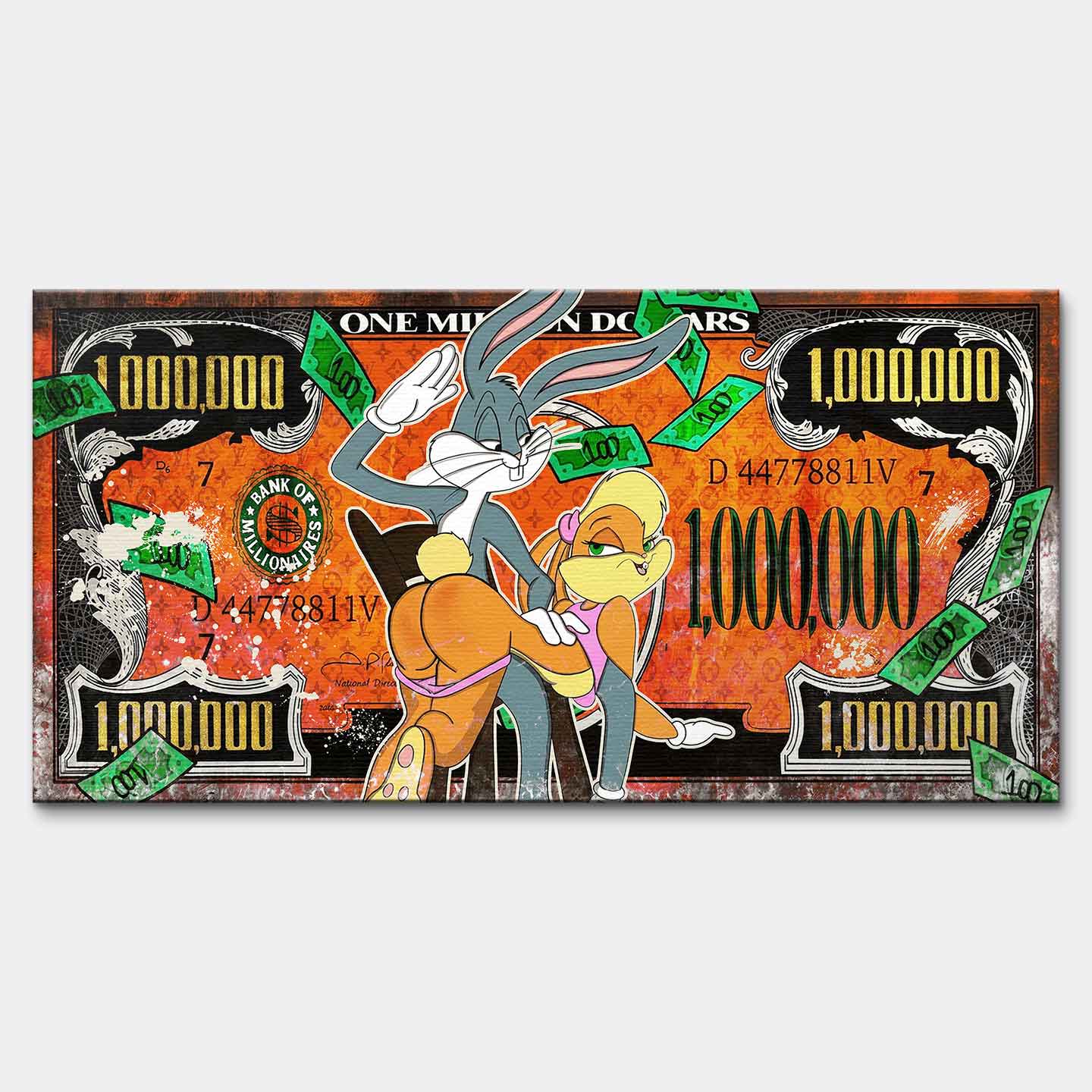 Sztuka nowoczesna: obraz na płótnie Królik Bugs i Lola na tle banknotu milion dolarów. Wysokiej jakości wydruk galeryjny w stylu urban pop-art.