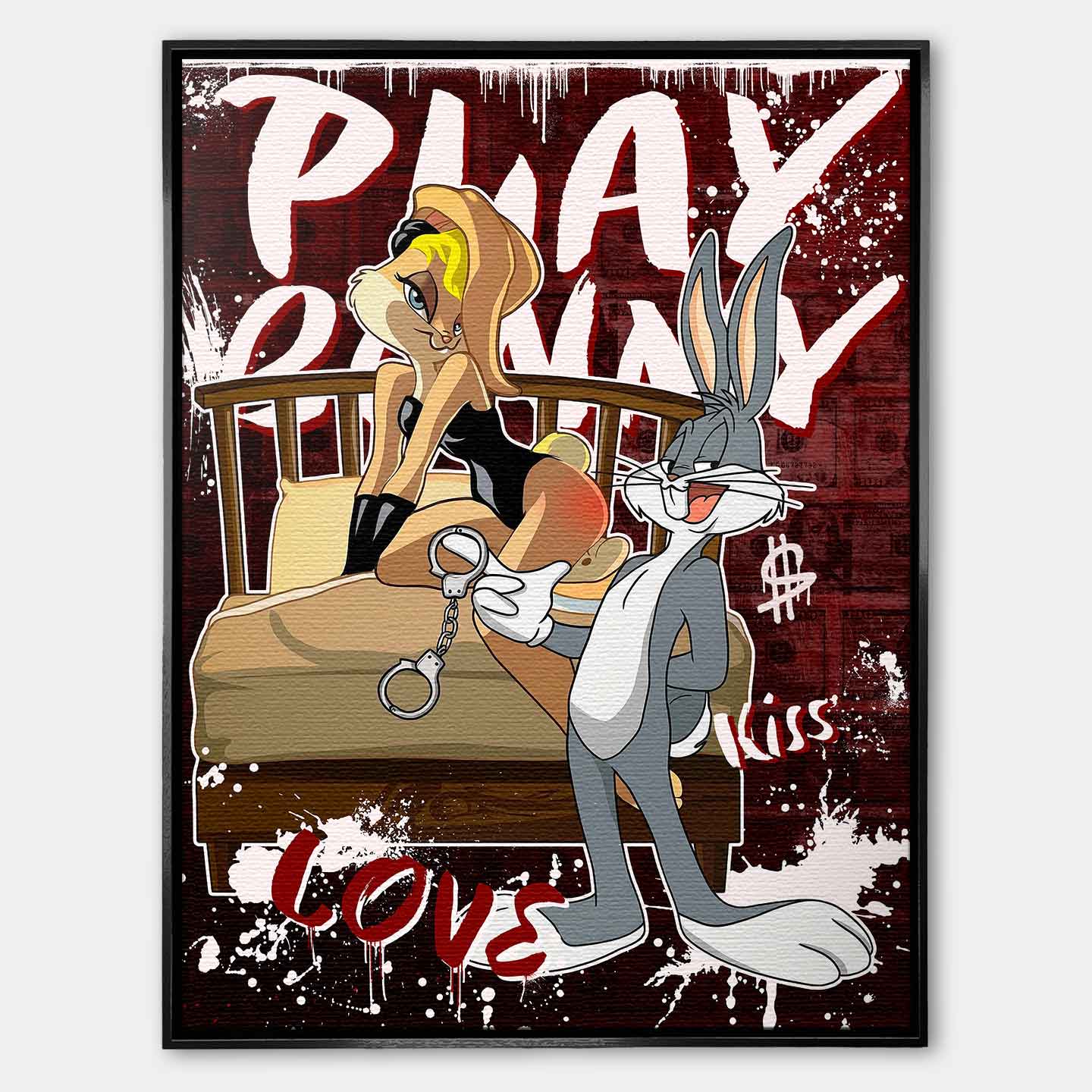 Obraz na płótnie Królik Bugs i Lola w stylu pop-art. Romantyczna scena w sypialni. Nowoczesny wydruk galeryjny z motywem pieniędzy i napisem Playbunny. Ekskluzywna sztuka nowoczesna.