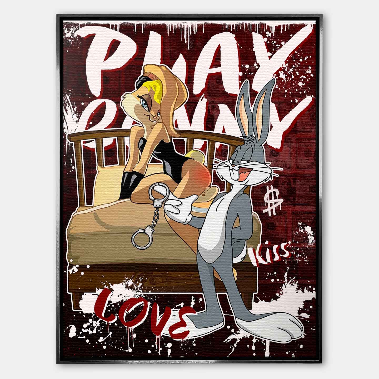 Obraz na płótnie Królik Bugs i Lola w stylu pop-art. Romantyczna scena w sypialni. Nowoczesny wydruk galeryjny z motywem pieniędzy i napisem Playbunny. Ekskluzywna sztuka nowoczesna.