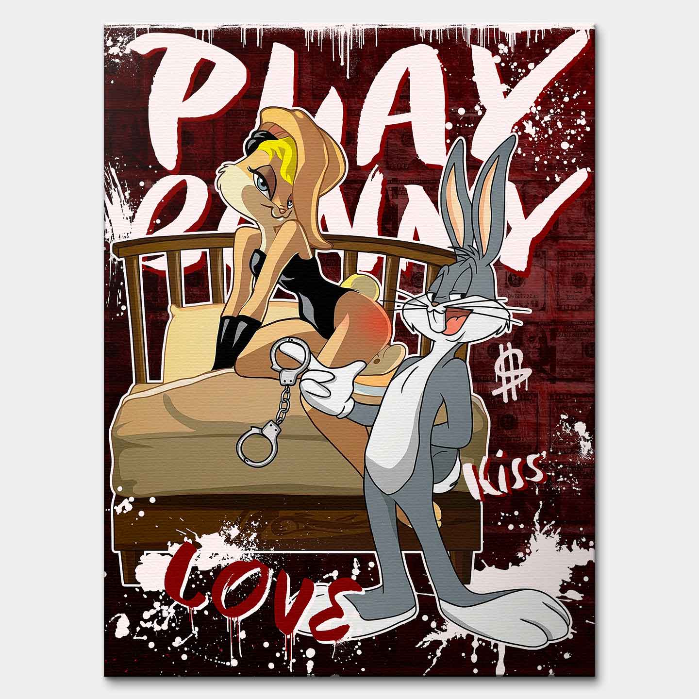 Obraz na płótnie Królik Bugs i Lola w stylu pop-art. Romantyczna scena w sypialni. Nowoczesny wydruk galeryjny z motywem pieniędzy i napisem Playbunny. Ekskluzywna sztuka nowoczesna.
