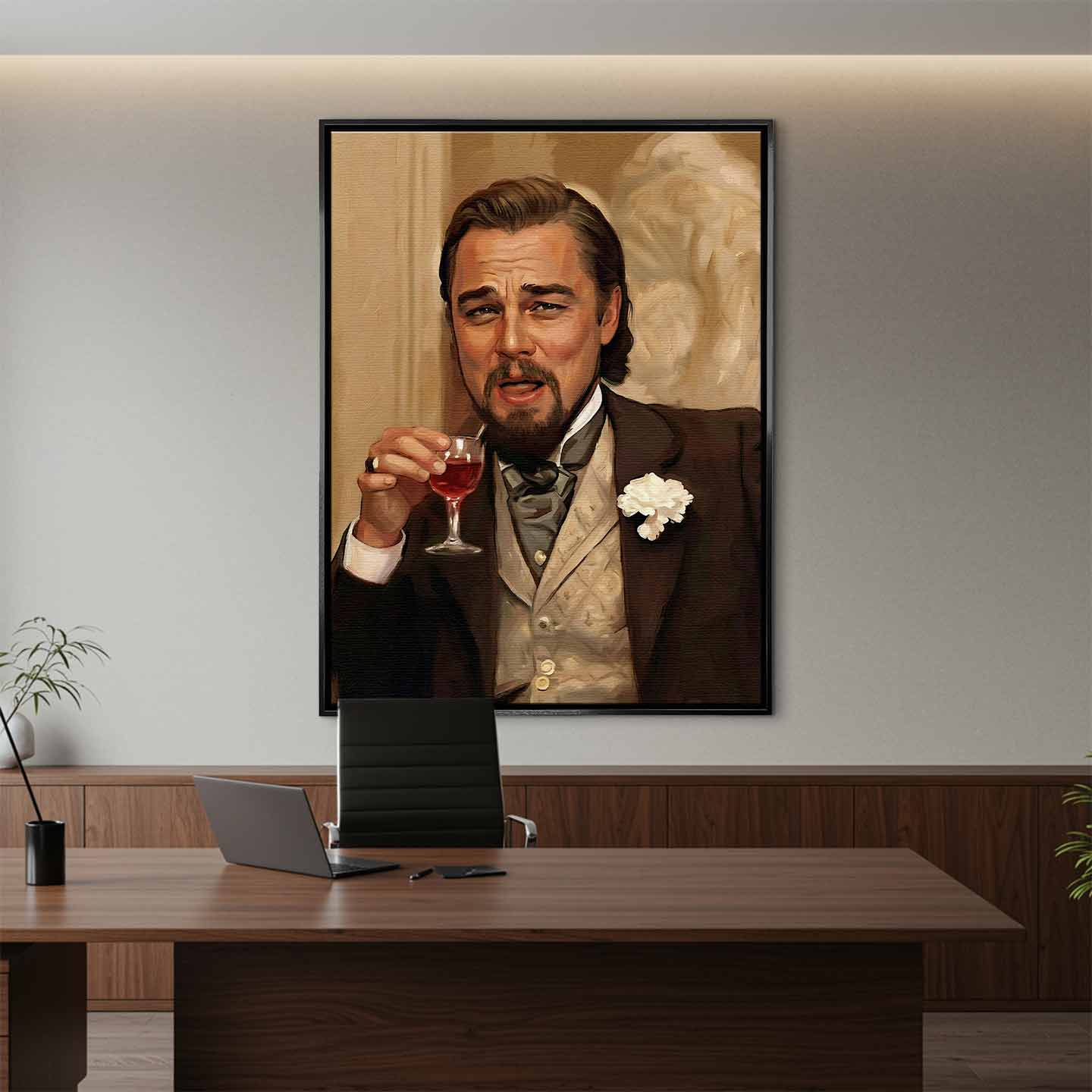 Obraz na płótnie przedstawiający eleganckiego Leonardo DiCaprio w stylu XIX wieku, trzymającego kieliszek alkoholu i uśmiechającego się z pewnością siebie, symbol luksusu, ironii i sukcesu.