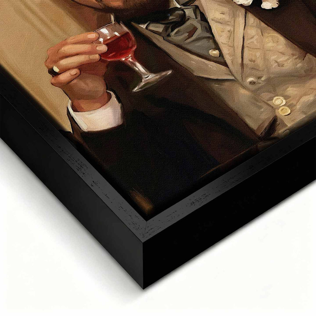 Obraz na płótnie przedstawiający eleganckiego Leonardo DiCaprio w stylu XIX wieku, trzymającego kieliszek alkoholu i uśmiechającego się z pewnością siebie, symbol luksusu, ironii i sukcesu.