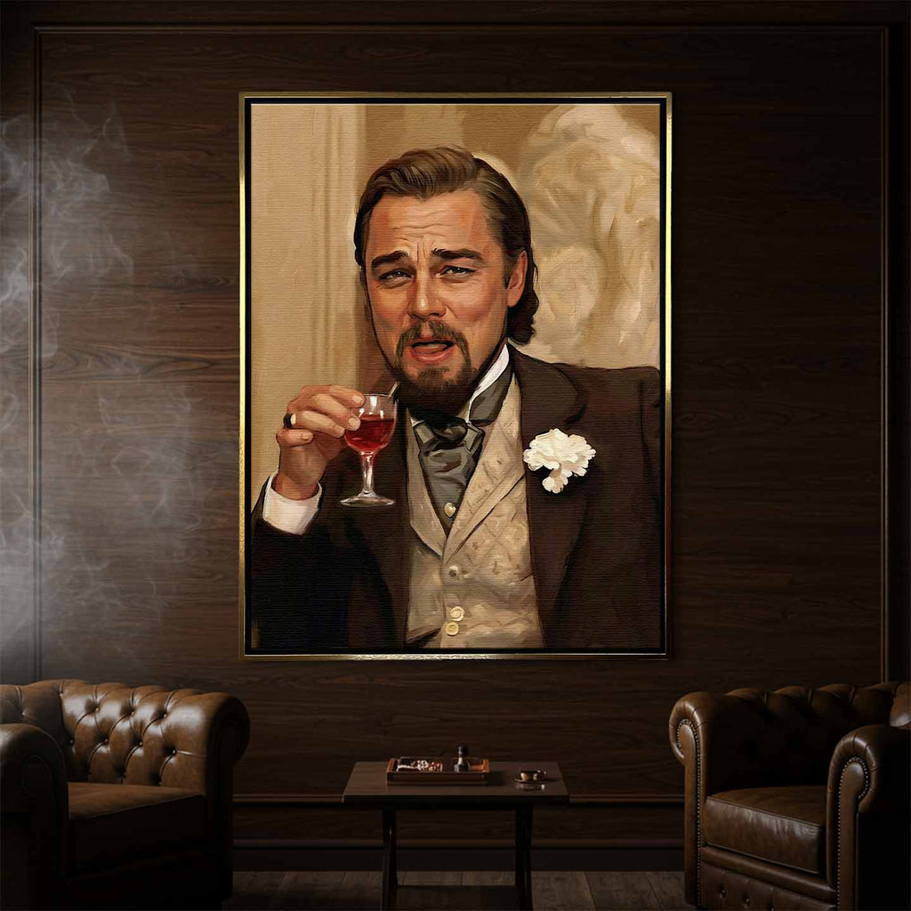 Obraz na płótnie przedstawiający eleganckiego Leonardo DiCaprio w stylu XIX wieku, trzymającego kieliszek alkoholu i uśmiechającego się z pewnością siebie, symbol luksusu, ironii i sukcesu.
