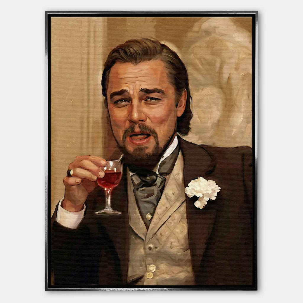 Obraz na płótnie przedstawiający eleganckiego Leonardo DiCaprio w stylu XIX wieku, trzymającego kieliszek alkoholu i uśmiechającego się z pewnością siebie, symbol luksusu, ironii i sukcesu.