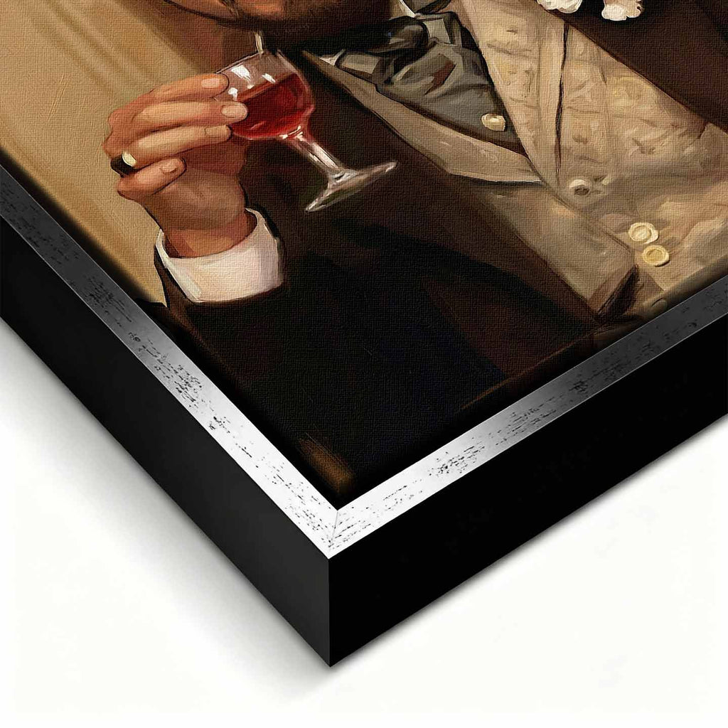 Obraz na płótnie przedstawiający eleganckiego Leonardo DiCaprio w stylu XIX wieku, trzymającego kieliszek alkoholu i uśmiechającego się z pewnością siebie, symbol luksusu, ironii i sukcesu.