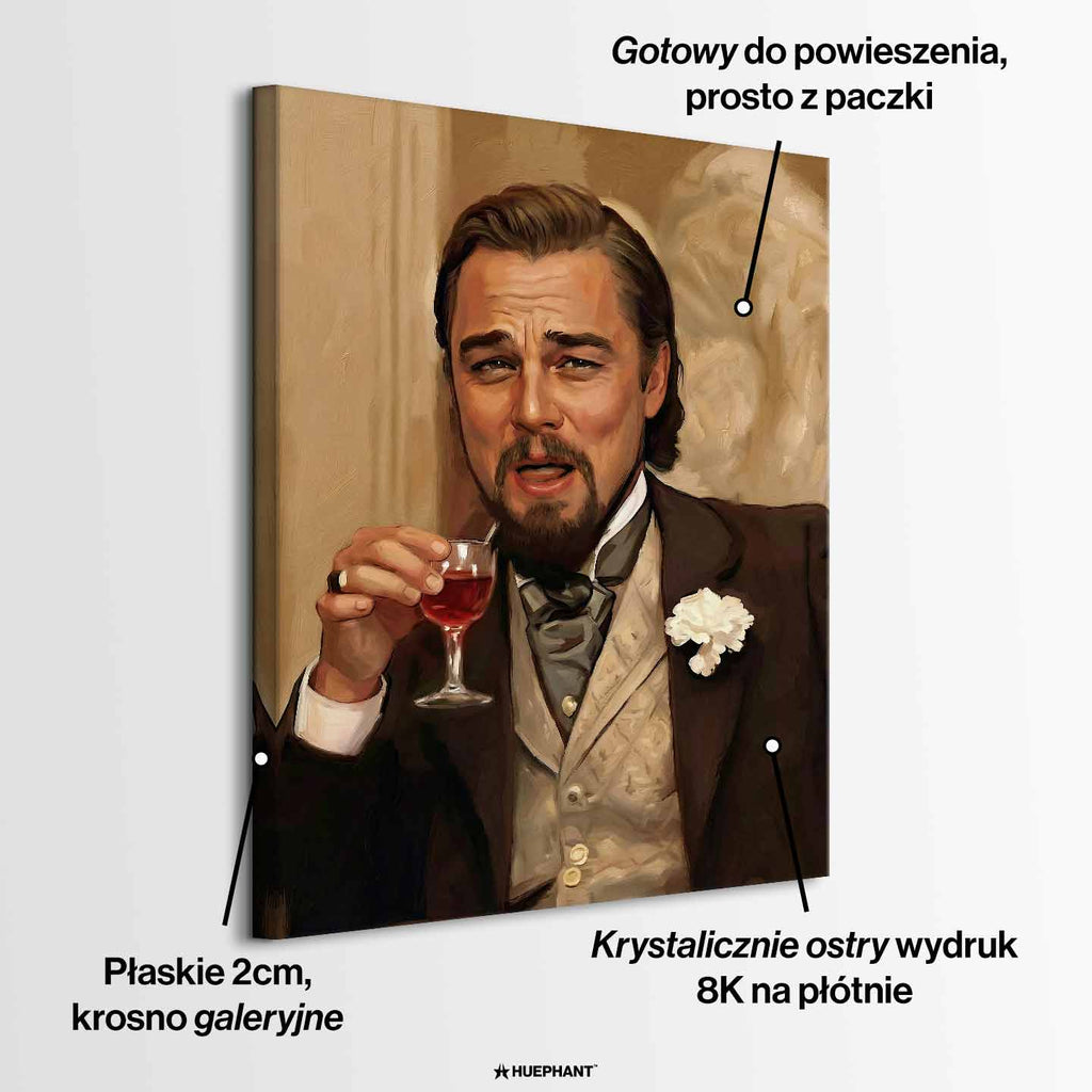 Obraz na płótnie przedstawiający eleganckiego Leonardo DiCaprio w stylu XIX wieku, trzymającego kieliszek alkoholu i uśmiechającego się z pewnością siebie, symbol luksusu, ironii i sukcesu.