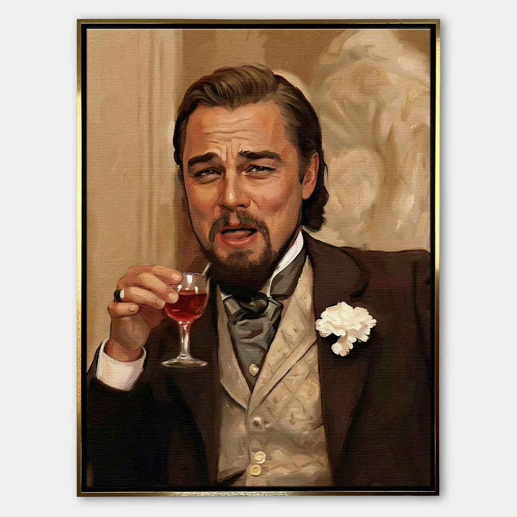 Obraz na płótnie przedstawiający eleganckiego Leonardo DiCaprio w stylu XIX wieku, trzymającego kieliszek alkoholu i uśmiechającego się z pewnością siebie, symbol luksusu, ironii i sukcesu.