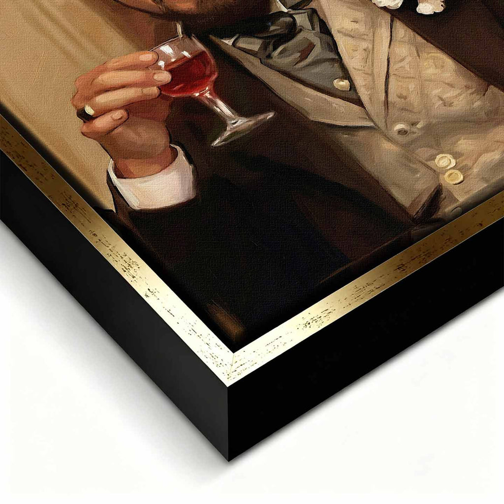 Obraz na płótnie przedstawiający eleganckiego Leonardo DiCaprio w stylu XIX wieku, trzymającego kieliszek alkoholu i uśmiechającego się z pewnością siebie, symbol luksusu, ironii i sukcesu.