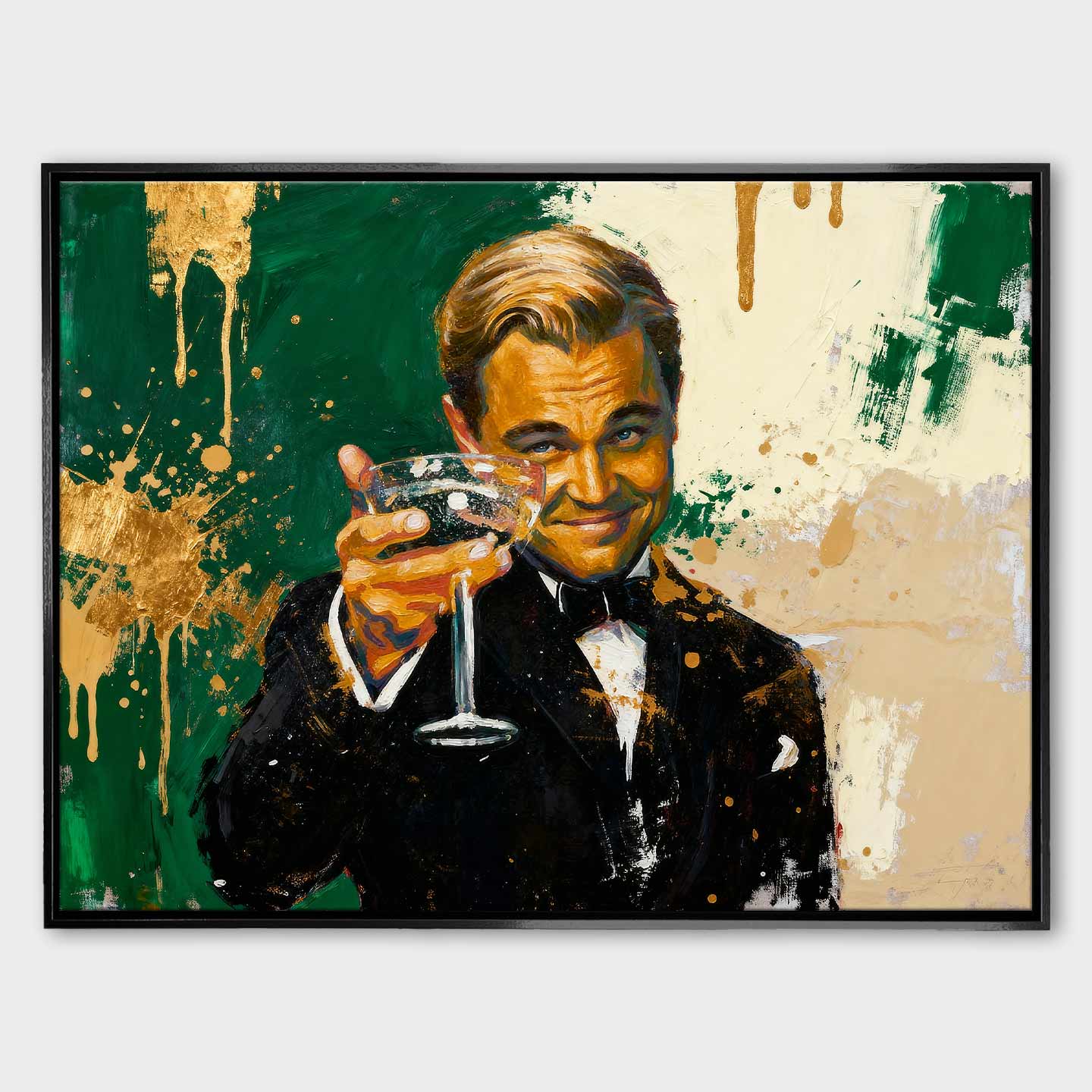 Obraz na płótnie Leonardo DiCaprio The Great Gatsby Toast - elegancki toast, symbol luksusu i sukcesu, inspirowany filmem Wielki Gatsby i Wilk z Wall Street.