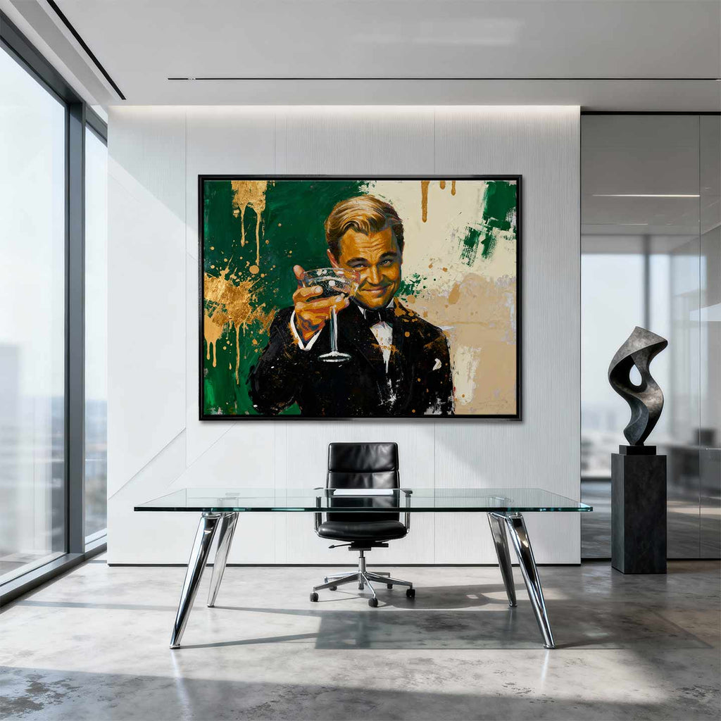 Obraz na płótnie Leonardo DiCaprio The Great Gatsby Toast - elegancki toast, symbol luksusu i sukcesu, inspirowany filmem Wielki Gatsby i Wilk z Wall Street.