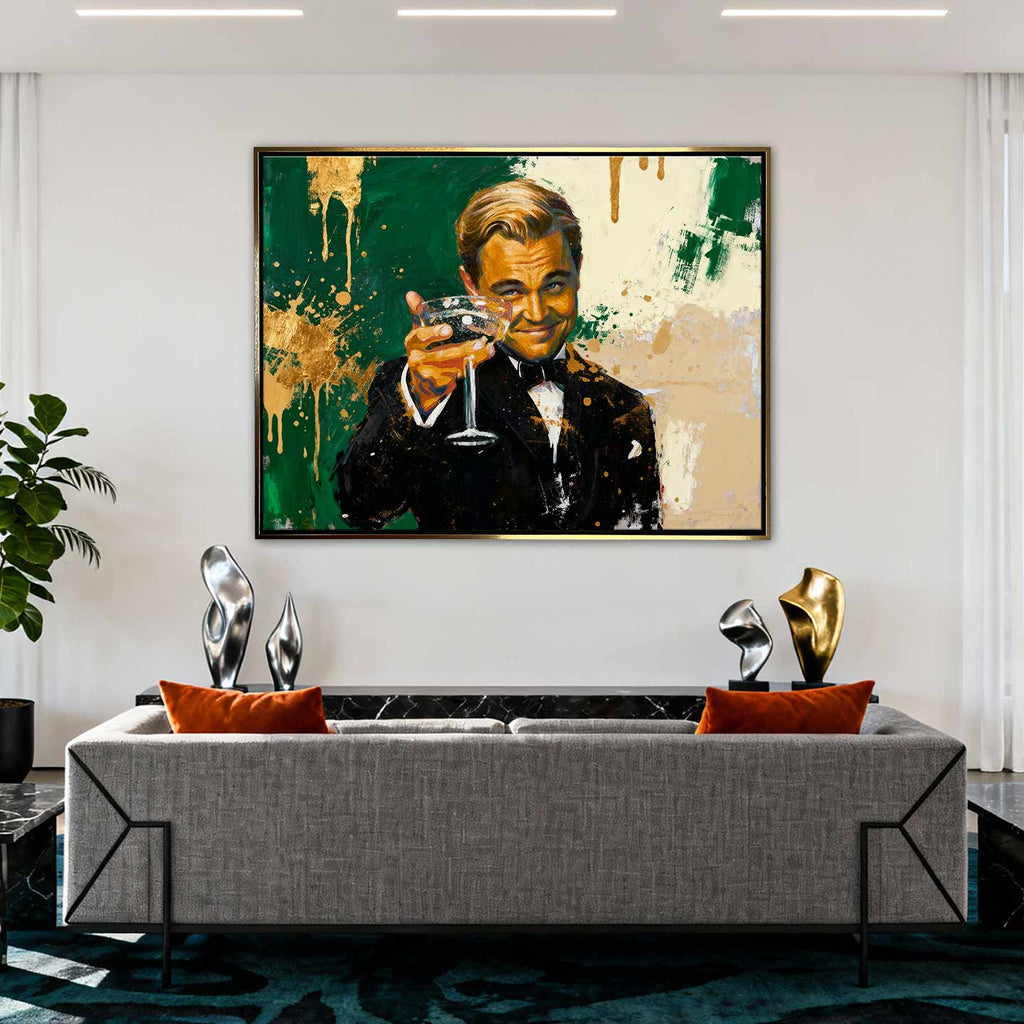 Obraz na płótnie Leonardo DiCaprio The Great Gatsby Toast - elegancki toast, symbol luksusu i sukcesu, inspirowany filmem Wielki Gatsby i Wilk z Wall Street.