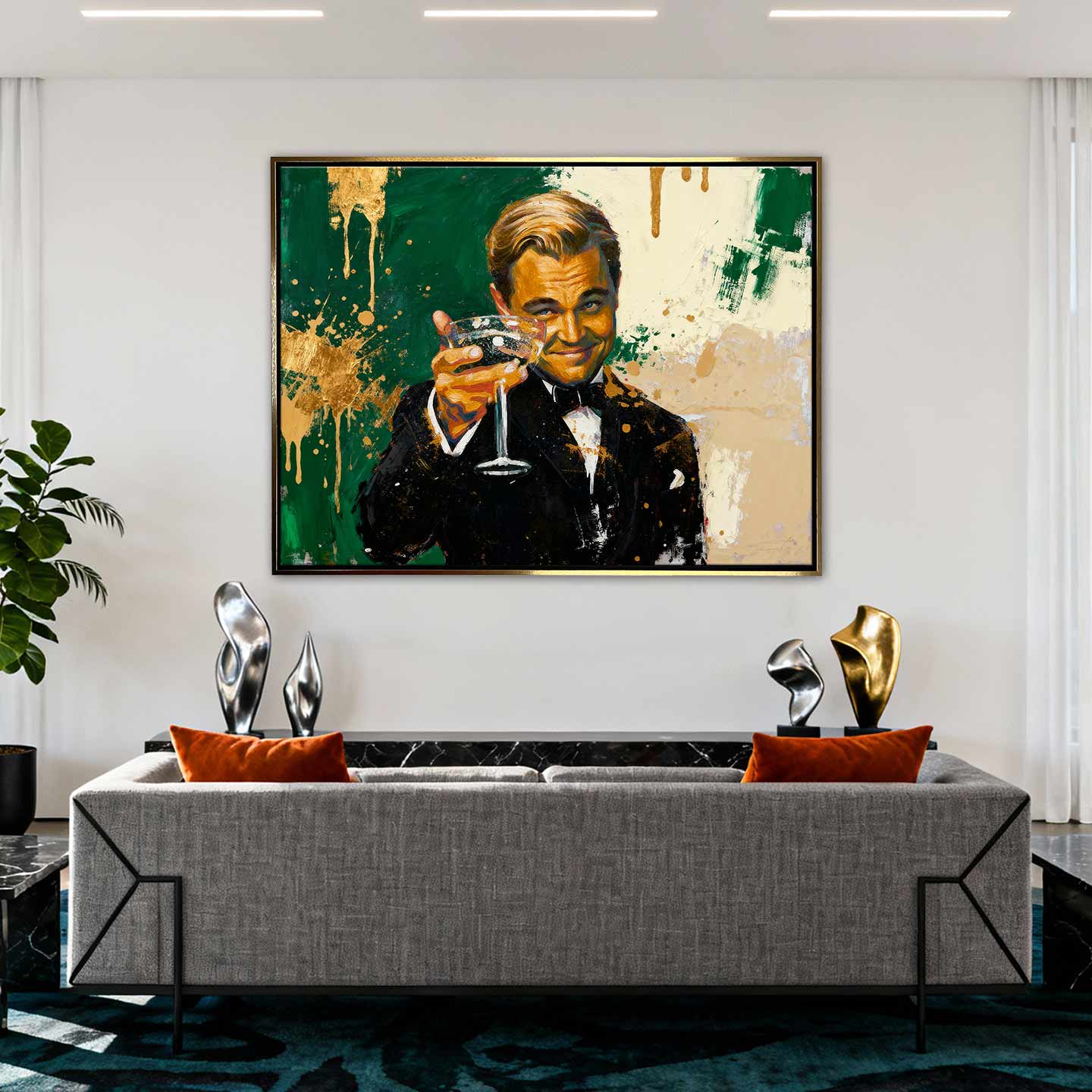 Obraz na płótnie Leonardo DiCaprio The Great Gatsby Toast - elegancki toast, symbol luksusu i sukcesu, inspirowany filmem Wielki Gatsby i Wilk z Wall Street.