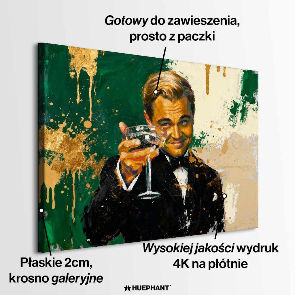 Obraz na płótnie Leonardo DiCaprio The Great Gatsby Toast - elegancki toast, symbol luksusu i sukcesu, inspirowany filmem Wielki Gatsby i Wilk z Wall Street.