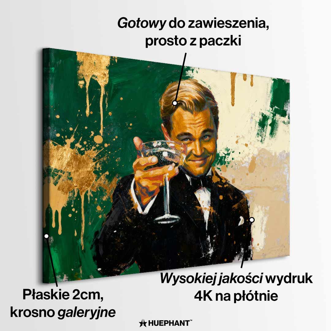 Obraz na płótnie Leonardo DiCaprio The Great Gatsby Toast - elegancki toast, symbol luksusu i sukcesu, inspirowany filmem Wielki Gatsby i Wilk z Wall Street.