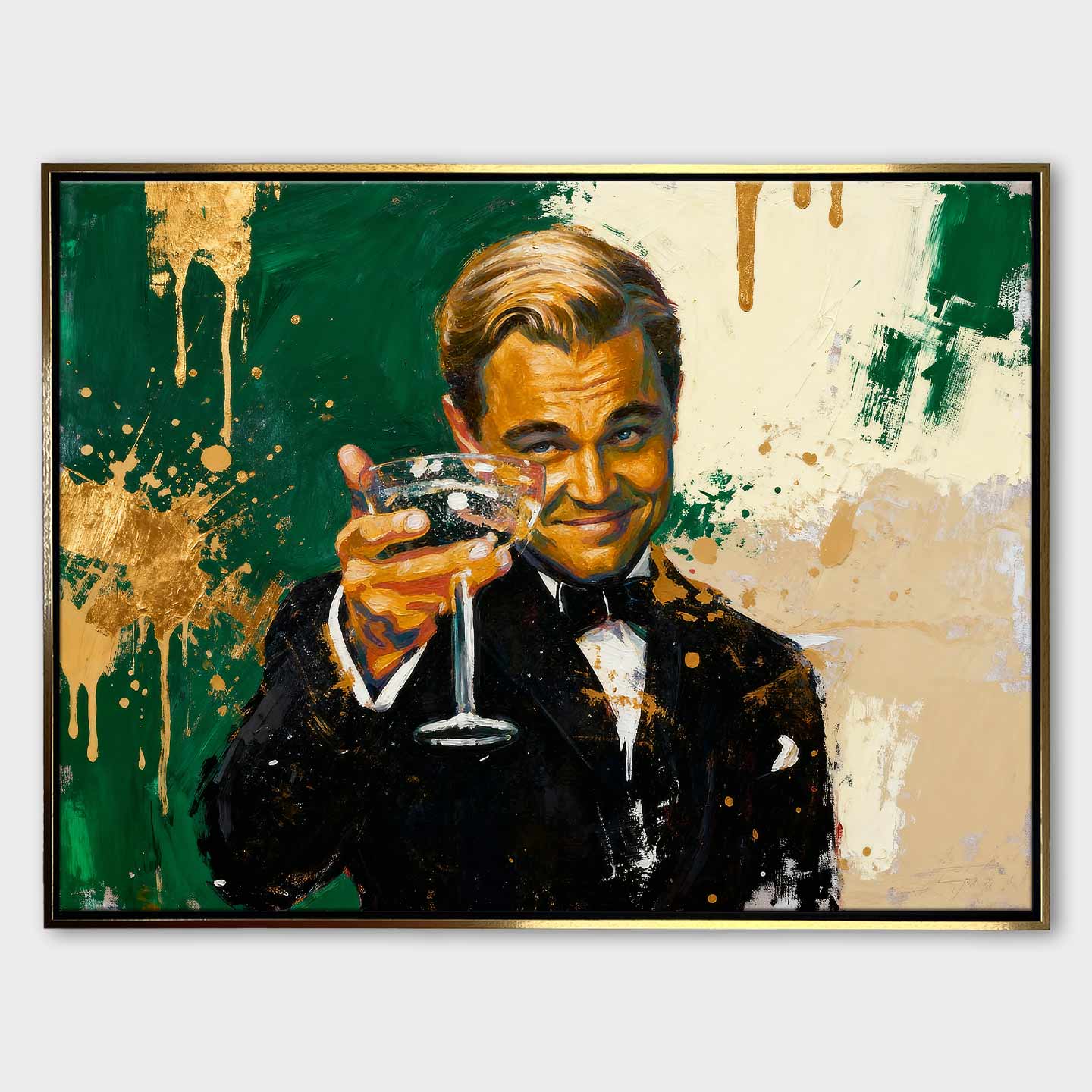 Obraz na płótnie Leonardo DiCaprio The Great Gatsby Toast - elegancki toast, symbol luksusu i sukcesu, inspirowany filmem Wielki Gatsby i Wilk z Wall Street.