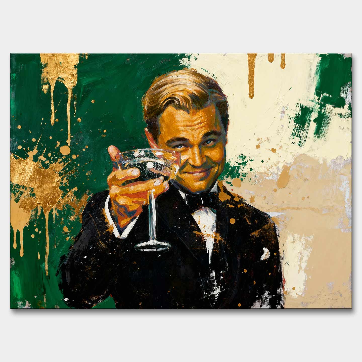 Obraz na płótnie Leonardo DiCaprio The Great Gatsby Toast - elegancki toast, symbol luksusu i sukcesu, inspirowany filmem Wielki Gatsby i Wilk z Wall Street.