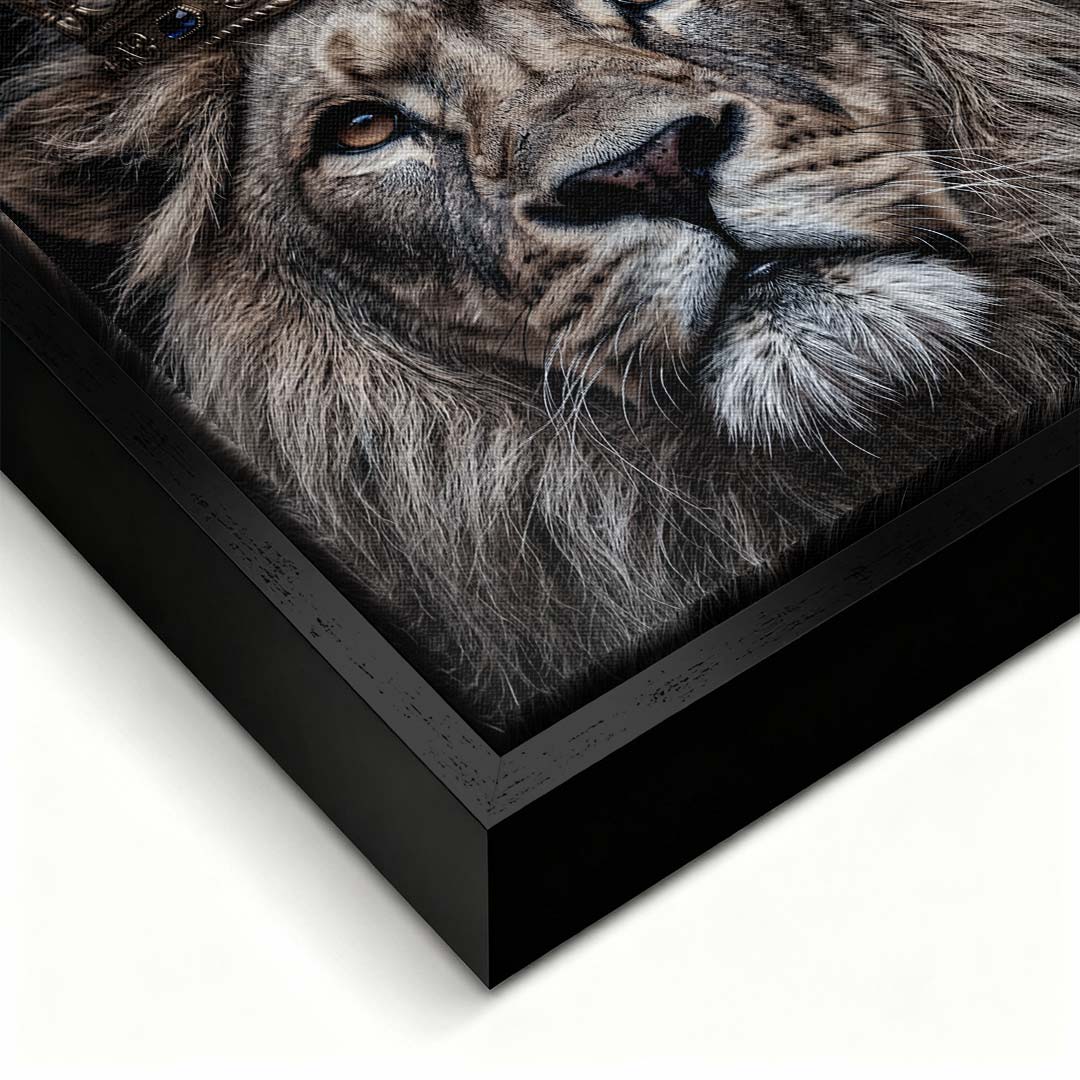 Obraz na płótnie Lew Lion Stay Focused, wydruk galeryjny przedstawiający lwa w koronie na czarnym tle, sztuka nowoczesna, motywacja i luksus.