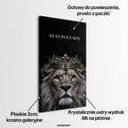 Obraz na płótnie Lew Lion Stay Focused, wydruk galeryjny przedstawiający lwa w koronie na czarnym tle, sztuka nowoczesna, motywacja i luksus.