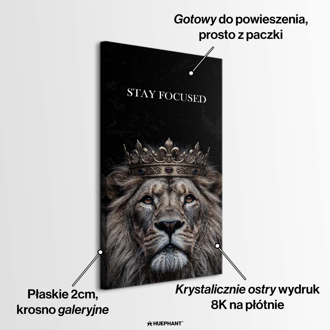 Obraz na płótnie Lew Lion Stay Focused, wydruk galeryjny przedstawiający lwa w koronie na czarnym tle, sztuka nowoczesna, motywacja i luksus.