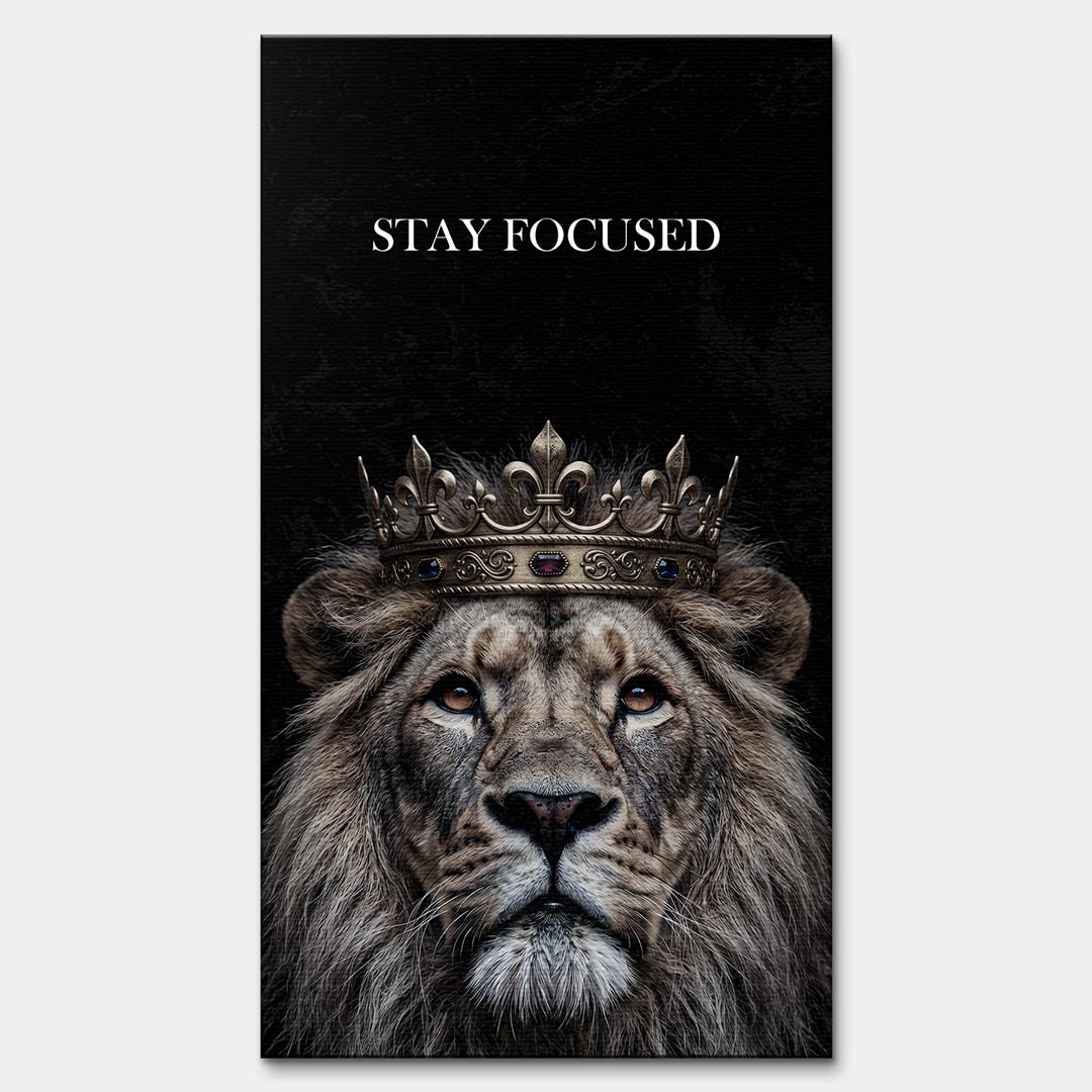 Obraz na płótnie Lew Lion Stay Focused, wydruk galeryjny przedstawiający lwa w koronie na czarnym tle, sztuka nowoczesna, motywacja i luksus.