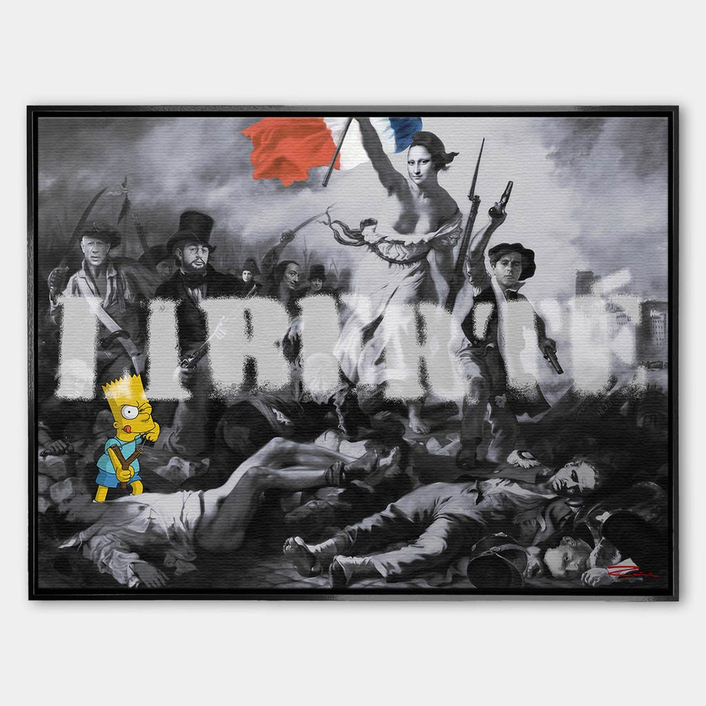 Nowoczesny obraz na płótnie Pop Art Liberte Bart Simpson, Mona Lisa, Godfather. Limitowany wydruk galeryjny ze sztuką nowoczesną, łączący klasykę z graffiti i popkulturą.