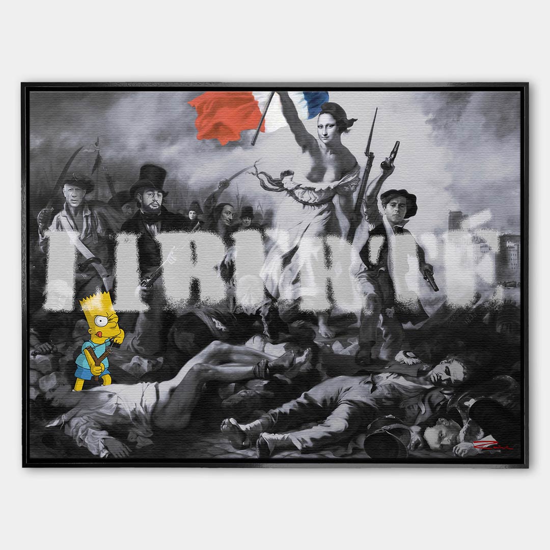 Nowoczesny obraz na płótnie Pop Art Liberte Bart Simpson, Mona Lisa, Godfather. Limitowany wydruk galeryjny ze sztuką nowoczesną, łączący klasykę z graffiti i popkulturą.