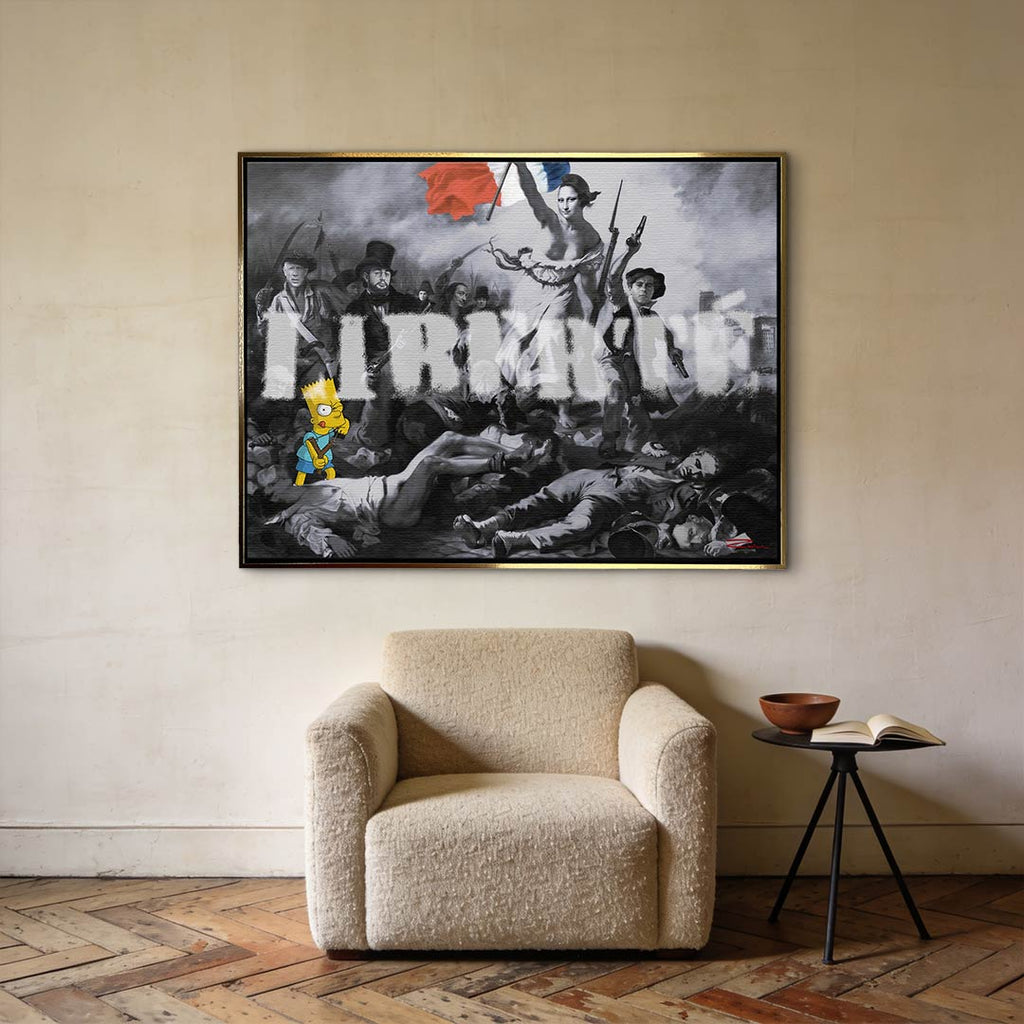 Nowoczesny obraz na płótnie Pop Art Liberte Bart Simpson, Mona Lisa, Godfather. Limitowany wydruk galeryjny ze sztuką nowoczesną, łączący klasykę z graffiti i popkulturą.