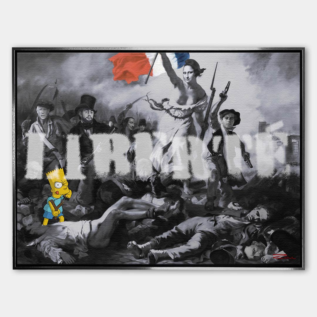 Nowoczesny obraz na płótnie Pop Art Liberte Bart Simpson, Mona Lisa, Godfather. Limitowany wydruk galeryjny ze sztuką nowoczesną, łączący klasykę z graffiti i popkulturą.