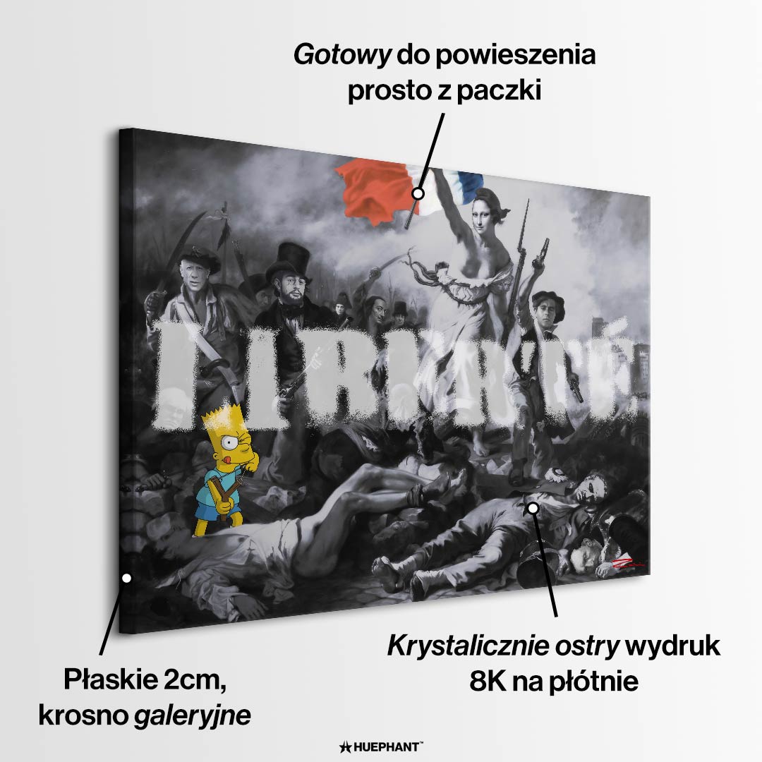 Nowoczesny obraz na płótnie Pop Art Liberte Bart Simpson, Mona Lisa, Godfather. Limitowany wydruk galeryjny ze sztuką nowoczesną, łączący klasykę z graffiti i popkulturą.