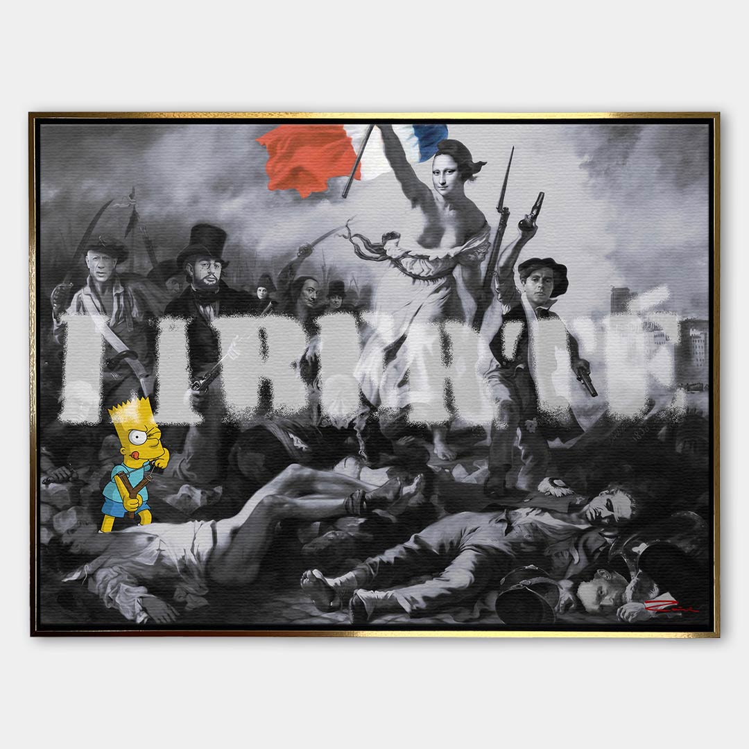 Nowoczesny obraz na płótnie Pop Art Liberte Bart Simpson, Mona Lisa, Godfather. Limitowany wydruk galeryjny ze sztuką nowoczesną, łączący klasykę z graffiti i popkulturą.