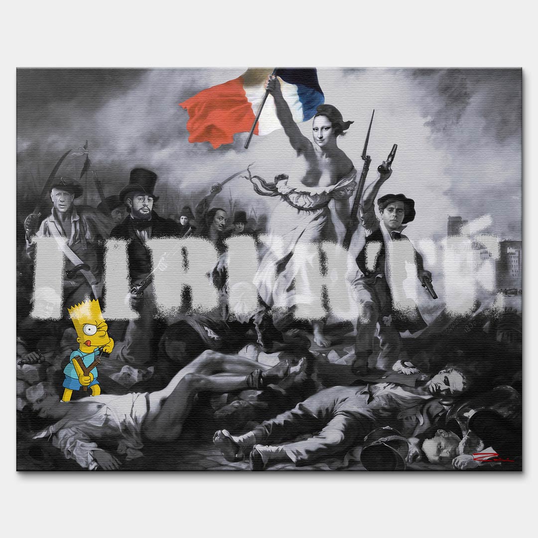 Nowoczesny obraz na płótnie Pop Art Liberte Bart Simpson, Mona Lisa, Godfather. Limitowany wydruk galeryjny ze sztuką nowoczesną, łączący klasykę z graffiti i popkulturą.