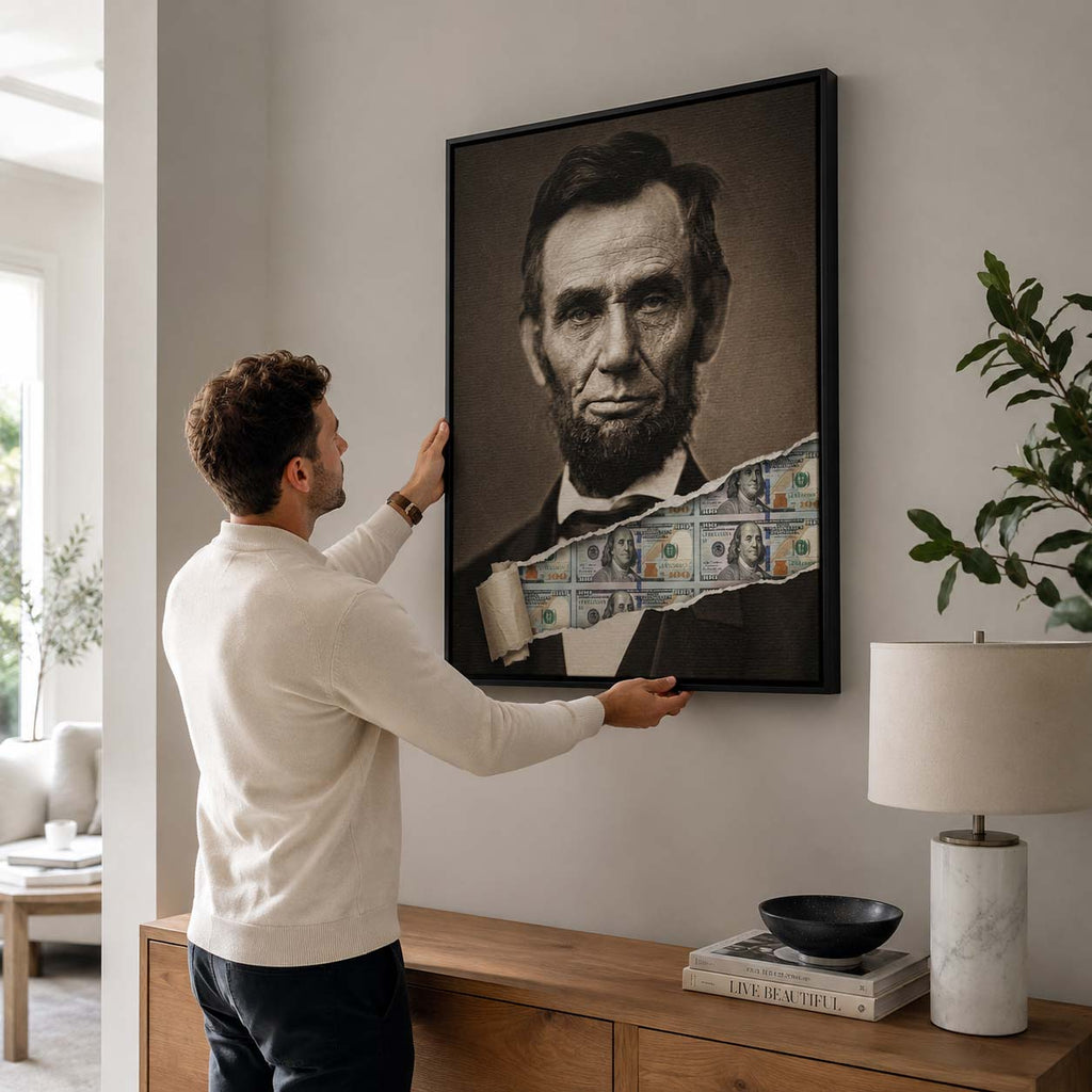 Nowoczesny obraz na płótnie Lincoln Dollar przedstawiający portret Abrahama Lincolna z efektem przedarcia odsłaniającego banknoty, wydruk galeryjny.