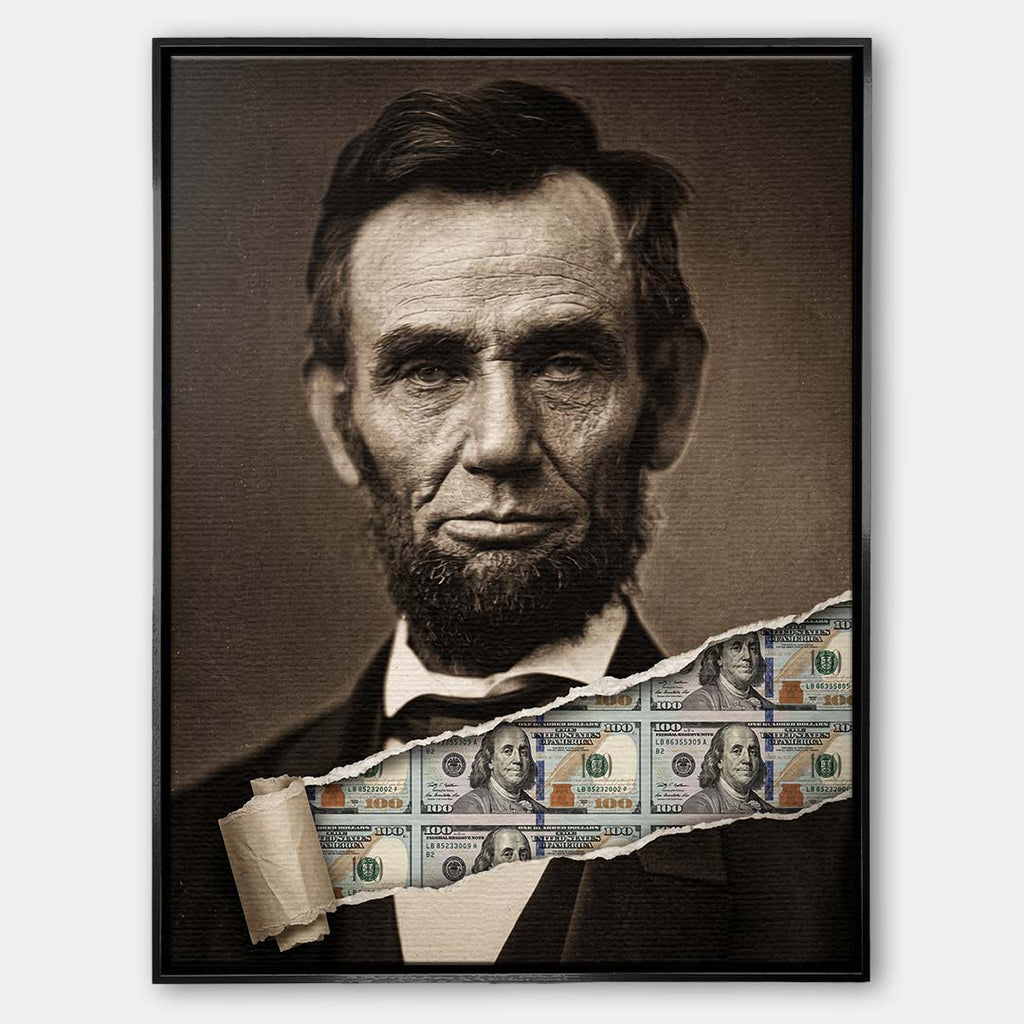Nowoczesny obraz na płótnie Lincoln Dollar przedstawiający portret Abrahama Lincolna z efektem przedarcia odsłaniającego banknoty, wydruk galeryjny.