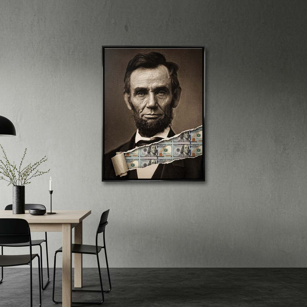 Nowoczesny obraz na płótnie Lincoln Dollar przedstawiający portret Abrahama Lincolna z efektem przedarcia odsłaniającego banknoty, wydruk galeryjny.