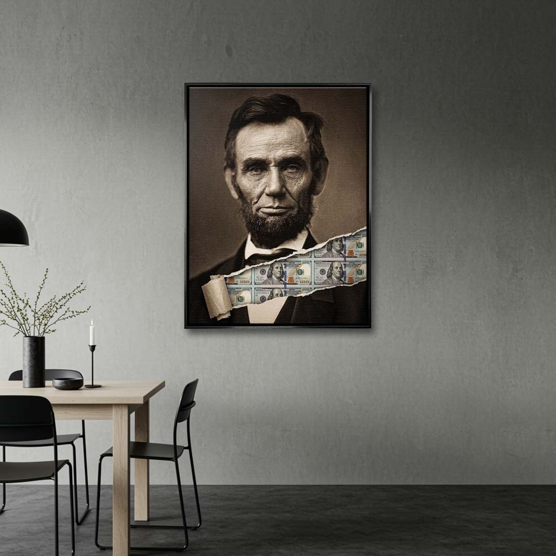 Nowoczesny obraz na płótnie Lincoln Dollar przedstawiający portret Abrahama Lincolna z efektem przedarcia odsłaniającego banknoty, wydruk galeryjny.