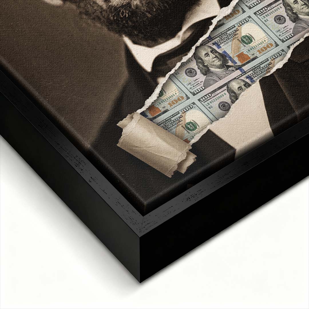 Nowoczesny obraz na płótnie Lincoln Dollar przedstawiający portret Abrahama Lincolna z efektem przedarcia odsłaniającego banknoty, wydruk galeryjny.