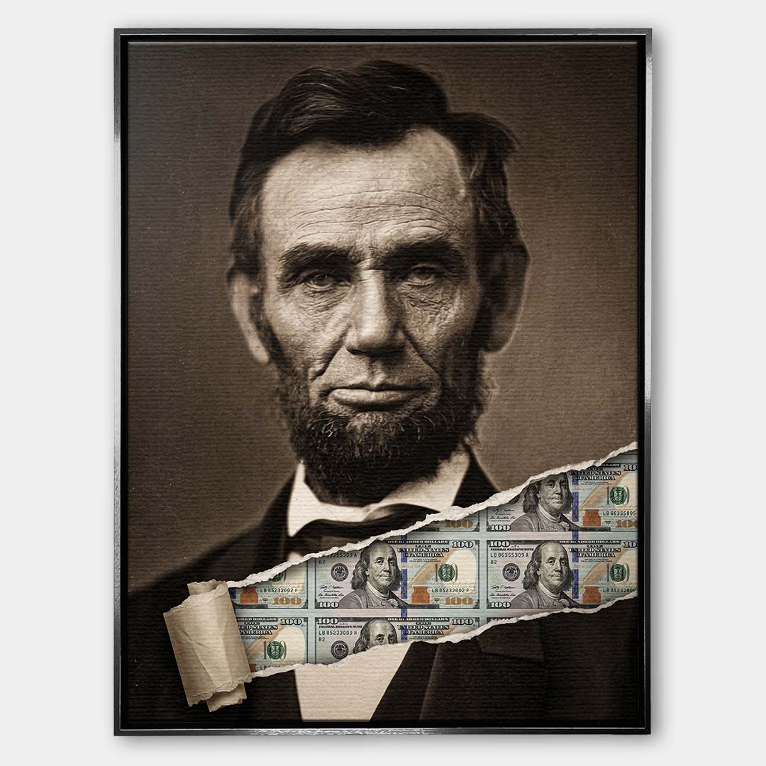 Nowoczesny obraz na płótnie Lincoln Dollar przedstawiający portret Abrahama Lincolna z efektem przedarcia odsłaniającego banknoty, wydruk galeryjny.