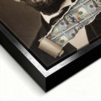 Nowoczesny obraz na płótnie Lincoln Dollar przedstawiający portret Abrahama Lincolna z efektem przedarcia odsłaniającego banknoty, wydruk galeryjny.